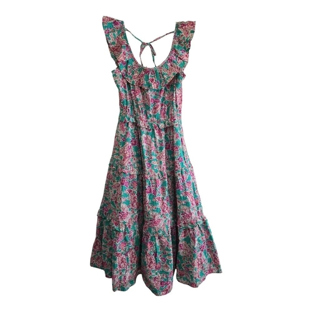 J. Crew Green Floral Swiss Dot Ruffle Tiered Midi Dress Cotton 00